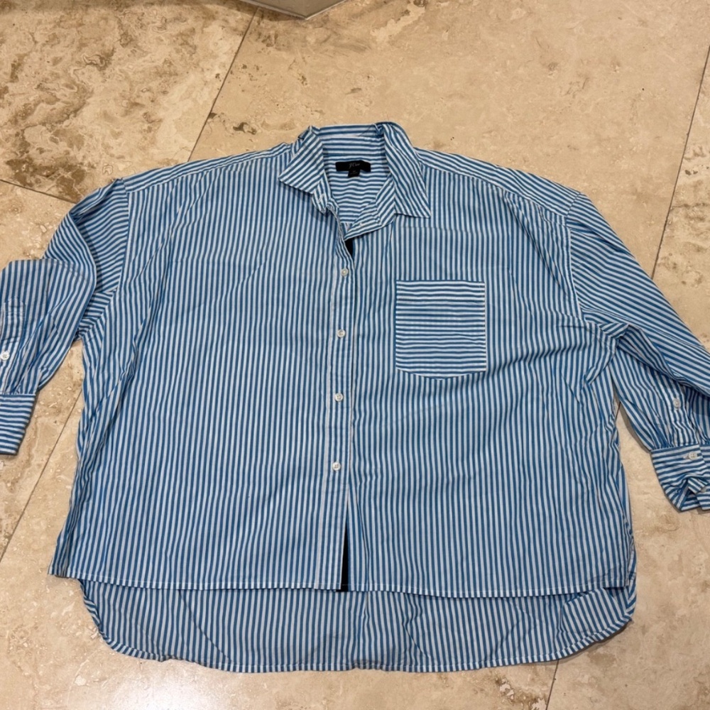 J. Crew Shirt Womens Sz. Med.Striped Blue/White Oversized Boxy Button Up -EUC